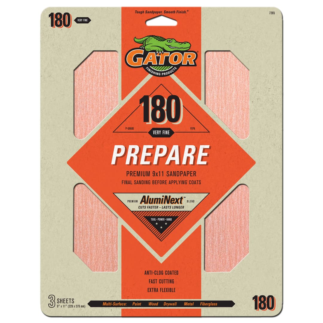 Gator Hojas de lijado de Oxido de Aluminio Premium de grano 180 x 3 unidades
